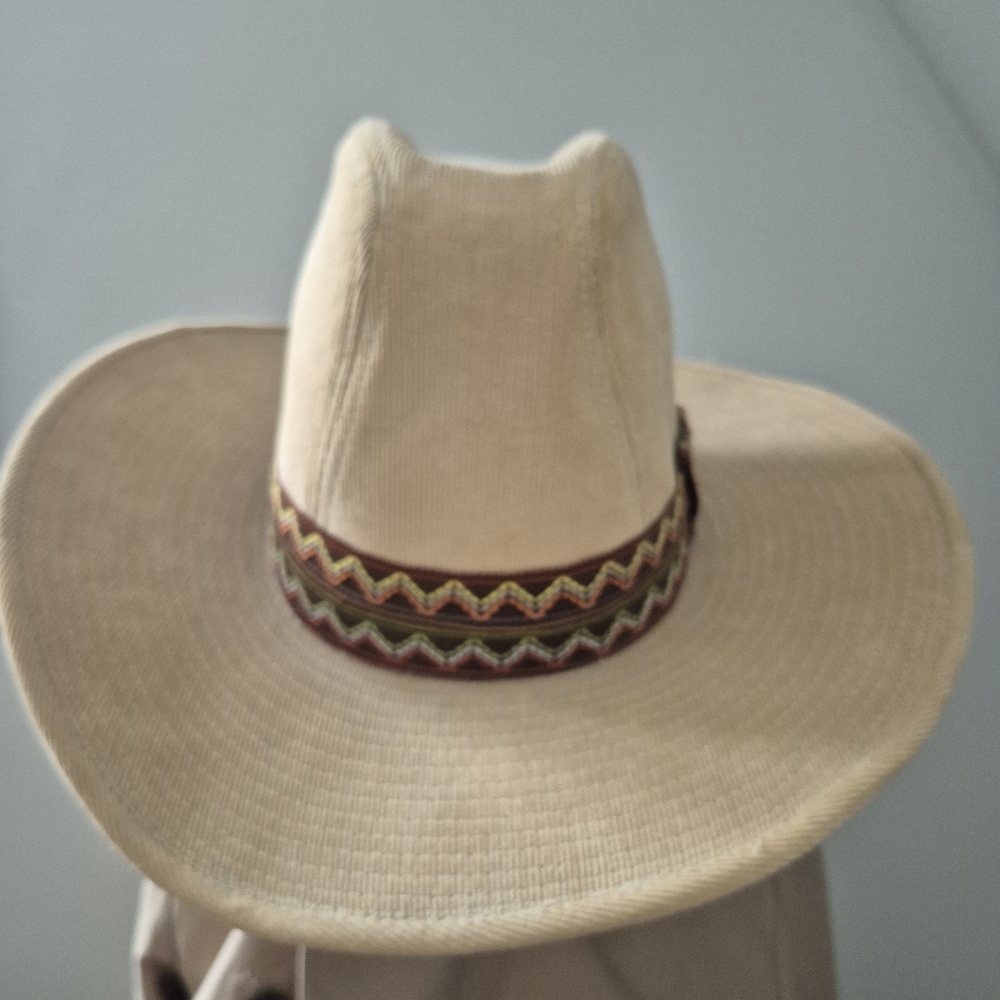 Vintage Beco Tan Western Stampede Cotton Cowboy Hat w/ Brown Band Sz M